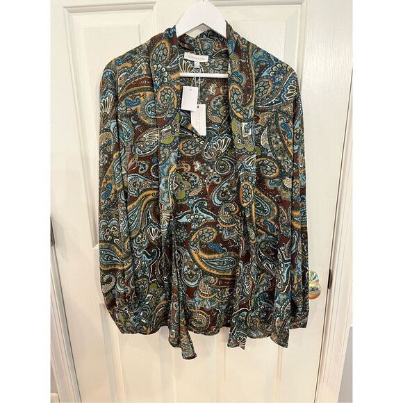 Ellen Weaver Brown & Green Paisley Secretary Bow Button Down Blouse sz 1X NWT - Picture 1 of 7